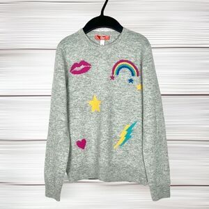 NWT New AQUA Girls Cashmere Crewneck Sweater Gray with Stars and Rainbow L